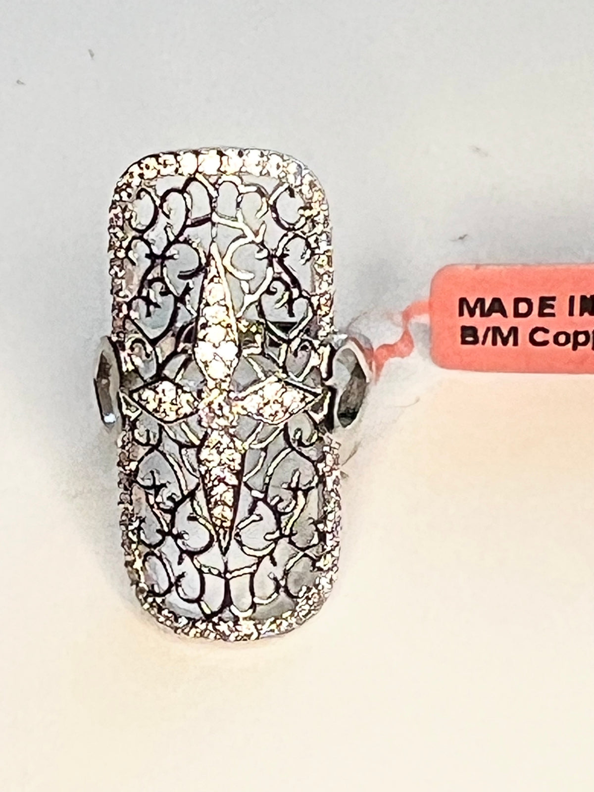 Silver-Tone Filigree & Rhinestone Statement Ring — Size 7  #1