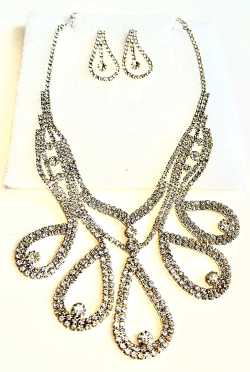 Dramatic Silver-Tone Rhinestone Statement Necklace & Earrings Set – Bridal, Gala or Formal – 22"